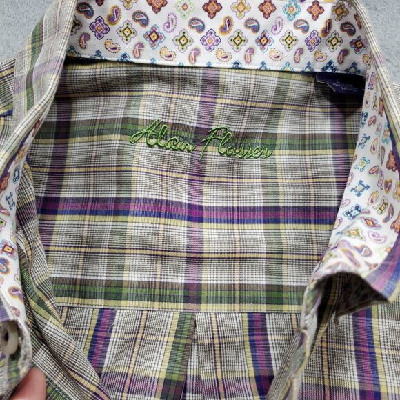 Alan Flusser Button Down Long Sleeve Plaid Shirt Brown Green Purple Mn Sz L - Picture 3 of 10